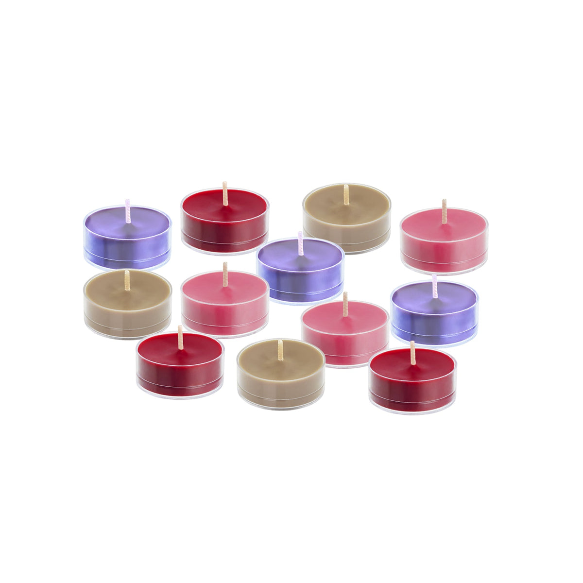 12 multicolored tealights with a white background.  