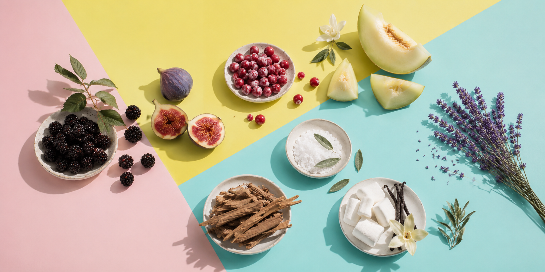 Assorted fruits, vegetables, and herbs on a colorful geometric background