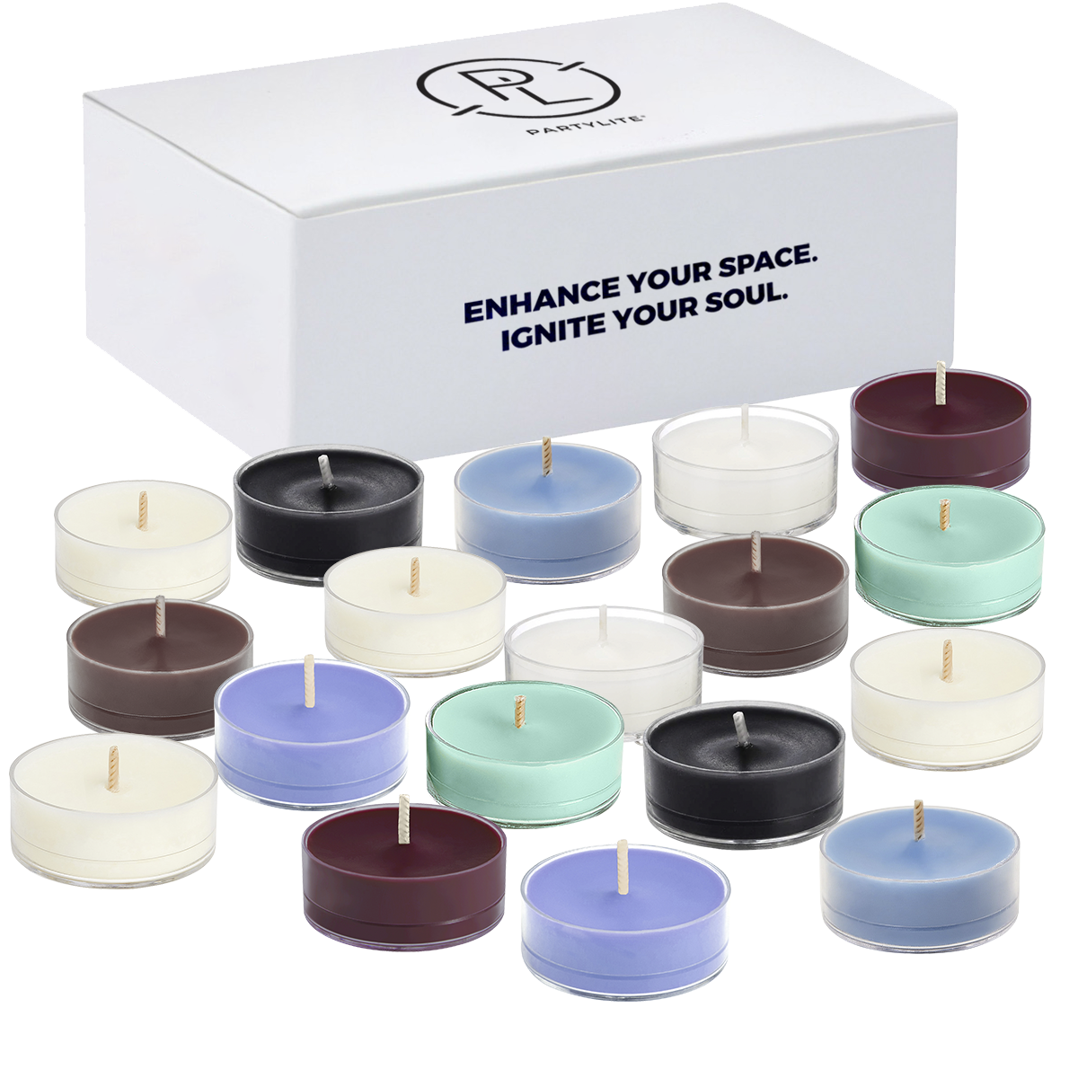 18 Piece Tealight Sampler with various fragrances and colours shown with the white PartyLite sampler box against a chequered background.
