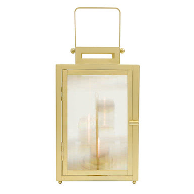 Gold lantern with a clear glass panel on a white background