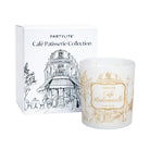 Cafe Mademoiselle fragrance with a gold coloured café scene on a white background with packaging labelled 'Café Patisserie Collection' against a white background.