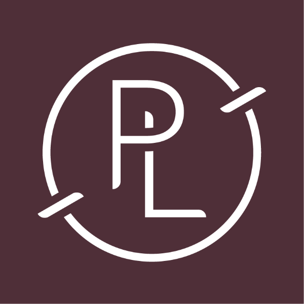 Round PL logo with lightelow with a light background text and a dark background