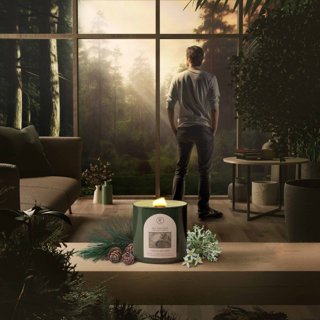 Man standing in a modern living room with a large window view of a forest, candle on a table.