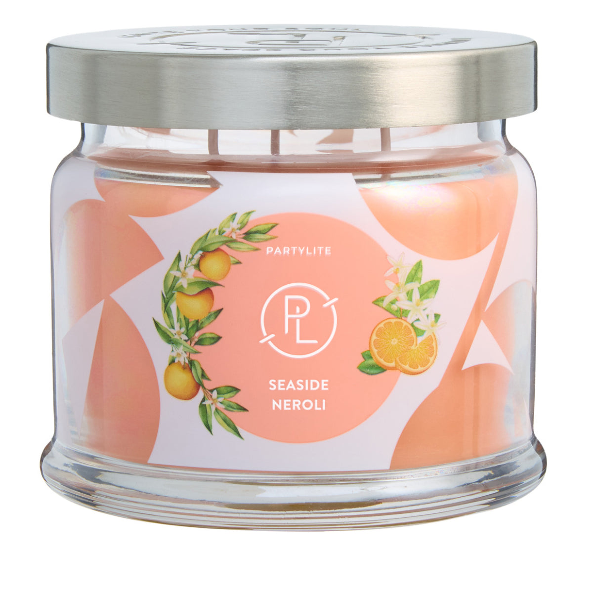 Candle jar with 'Partylite' label and 'Seaside Neroli' description on a white background