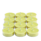 Twelve Wild Ferns & Fireflies Universal Tealight® Candles, yellow coloured  wax in a plastic tealight cups shown against a white background.