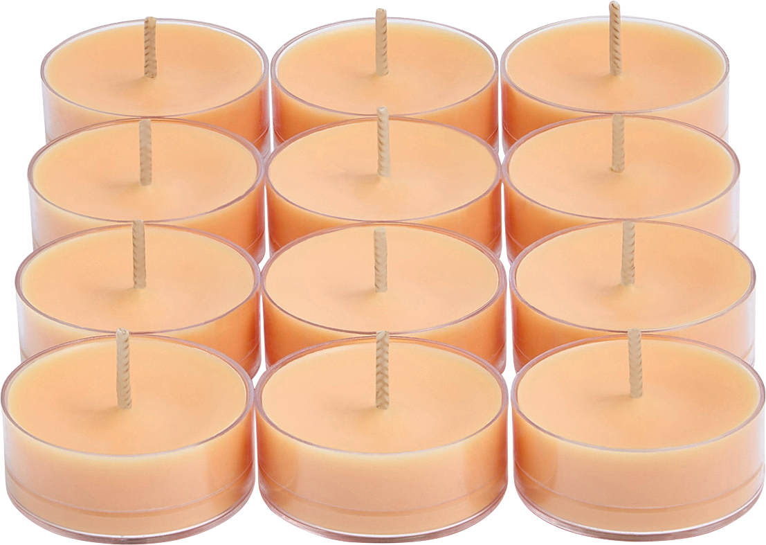 Twelve Seaside Neroli Tealights, light orange coloured wax in plastic tealight cups shown against a white background.