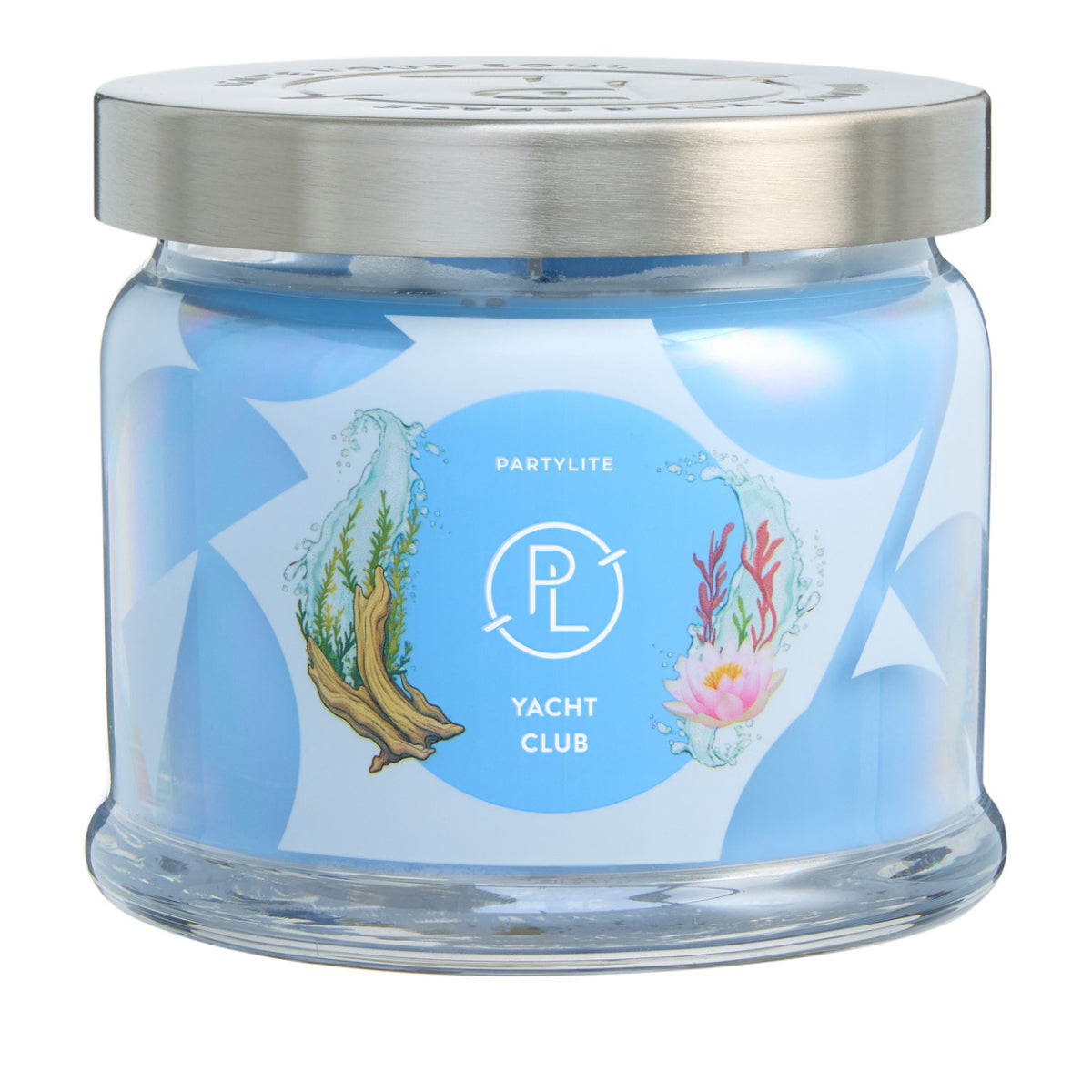 Jar candle with blue decal with PL logo with letters spelling out "PARTYLITE" and "YACHT CLUB". 