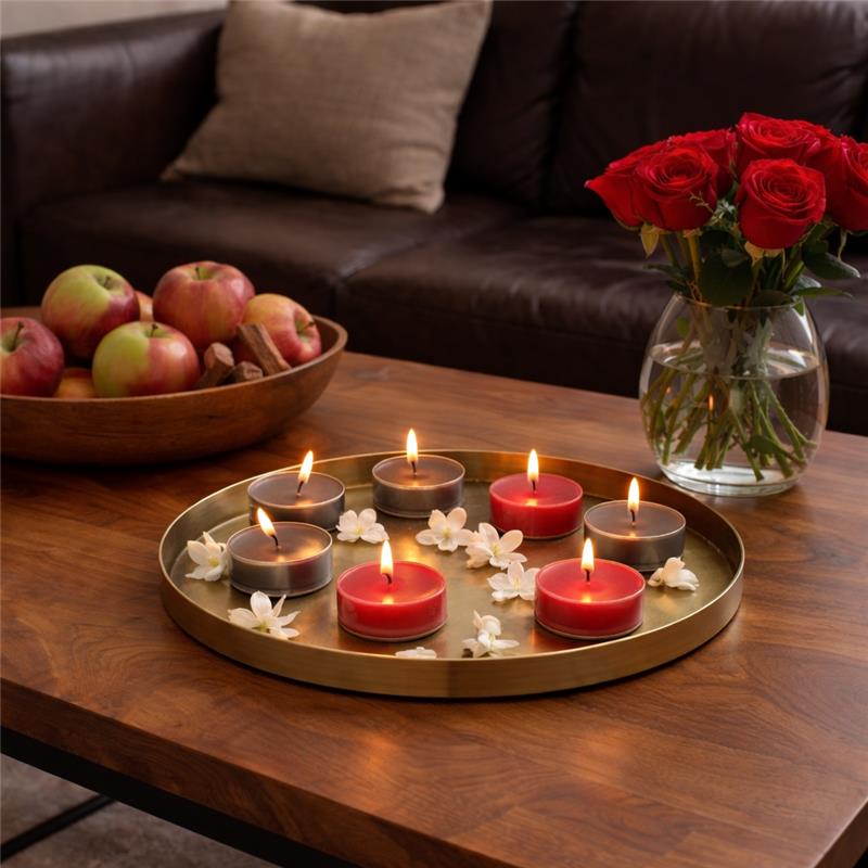Decorative tray with candles and flowers on a wooden table, apples in a bowl, and a vase of red roses in the background.