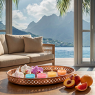 Four different tealights displayed in a copper tray with flowers on a table in a living area with a mountains and water in the background.